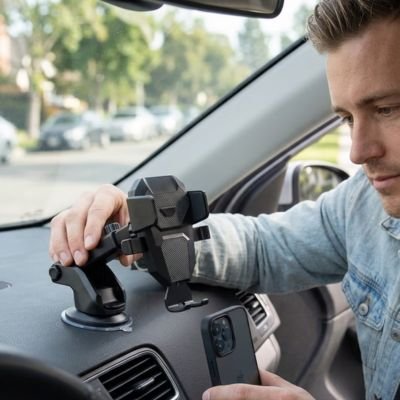 Homme installe portable sur Support téléphone voiture Universel Flexible