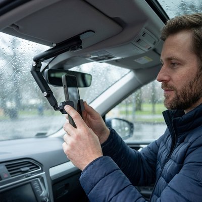 Homme installe son mobile sur Meilleur support téléphone voiture Pare Soleil Auto