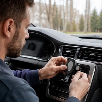 Homme installe Support téléphone voiture Clip ventilation Argent