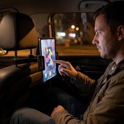 Homme jouant de son appareil sur Support tablette voiture Anti-tremblement