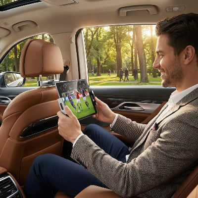 Homme regarde un match de son Support voiture tablette Universel Appui-tête sur appareil installé