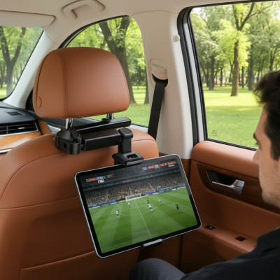 Homme regarde vidéo sur support tablette pour voiture Rotatif siège arrière
