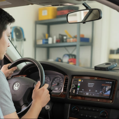 Homme teste sa musique sur auto radio Sans fil Stéréo