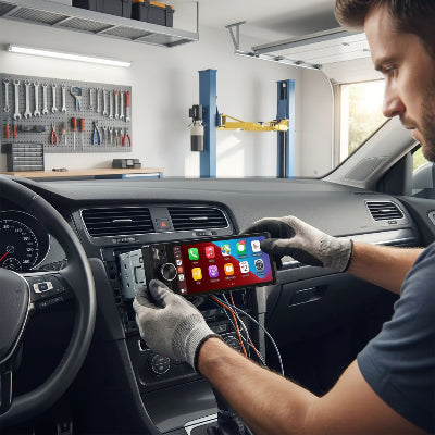 Installation autos radio Tactile CarPlay par un homme dans sa voiture stationnée au garage