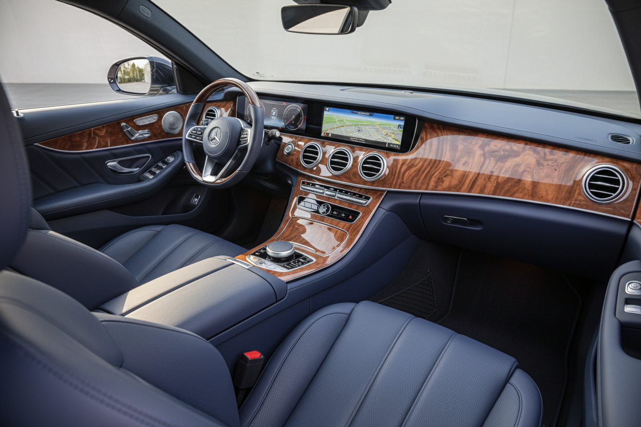 Intérieur de voiture avec tableau de bord en bois sièges en couleur bleu