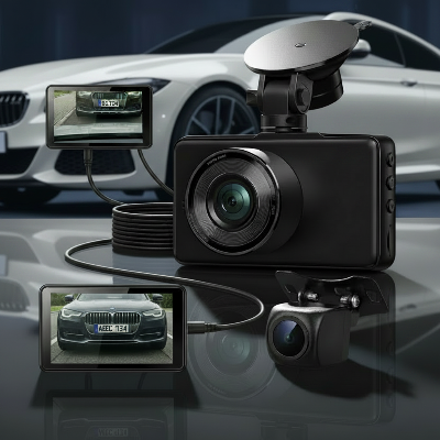 Présentation camera pour voiture Avant et Back avec une BMW comme arrière plan de couverture