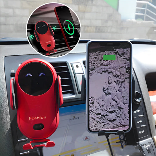 support chargeur telephone voiture areonic rouge avec un telephone approchant sur differents angles