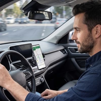 Support de téléphone voiture Grille d'aération avec portable et conducteur souriant