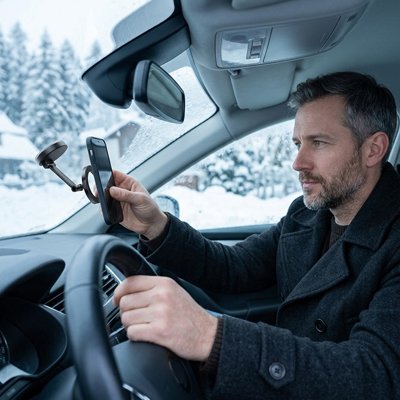 Support téléphone voiture Magnétique Pliable sur pare brise avec homme qui installe portable