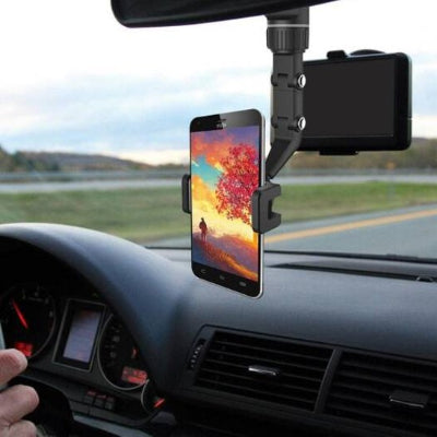 Support téléphone voiture orientable sur rétroviseur avec tablette position horizontale