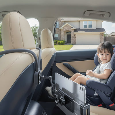 Tablette voiture support Universel installée avec appareil et enfant content